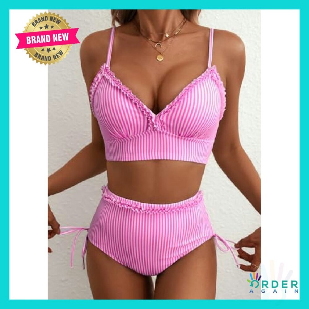 Women's High Waisted Bikini Set Ruffle Trim Adjustable Straps Chic Beachwear - Picture 4 of 8